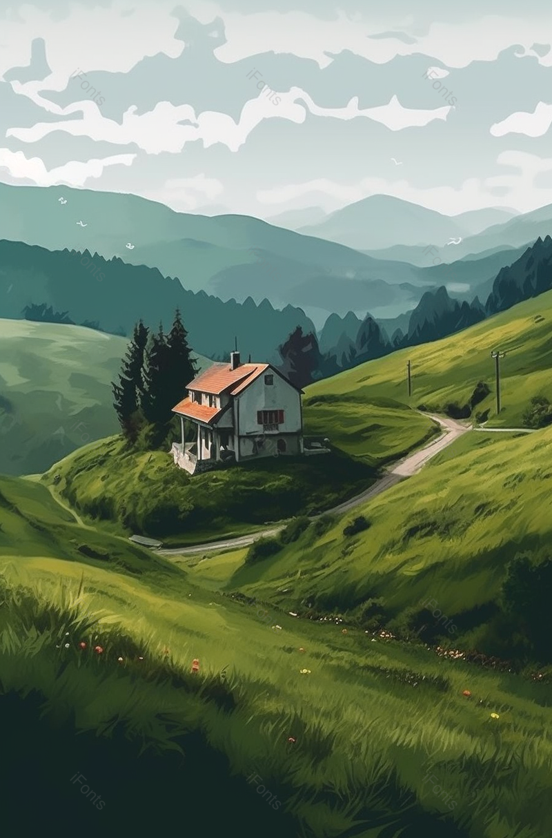 绿色山坡中的小房子手绘场景,插画/手绘图,插画/手绘图库,插画/手绘图下载,插画/手绘
